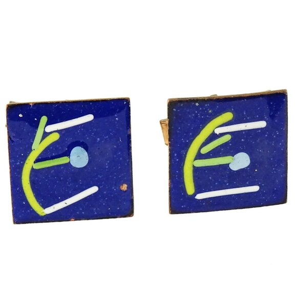 Mid-Century Mod Letter E Initial Cufflinks Vintage Blue Enamel over on Copper - Picture 1 of 3